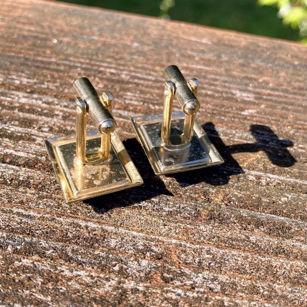 Vintage Black Glass Etched Saxophone Silver Tone Cufflinks